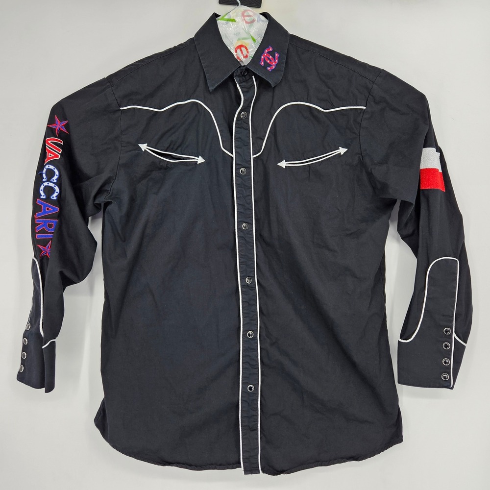 Vaccari Shirt Mens‎ Small Pearl Snap Embroidered Texas Flag Western Rodeo Black